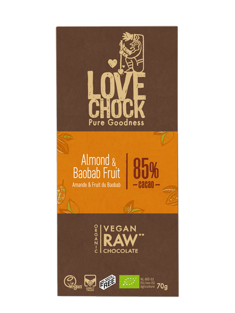 Cioccolato Fondente 85% Raw Biologico - Mandorle e Baobab - 70g