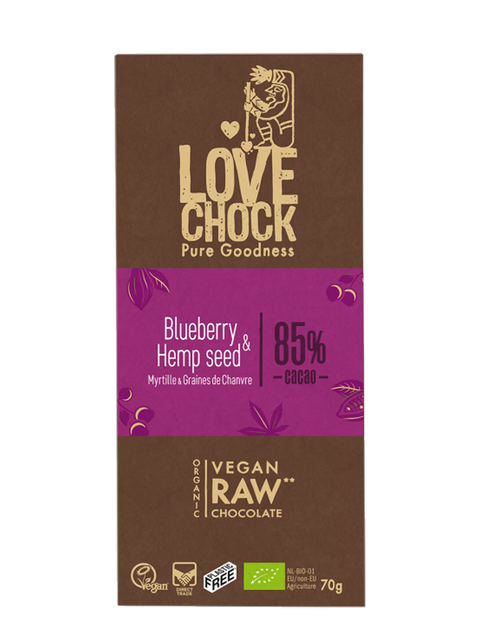Cioccolato Fondente 85% Raw Biologico - Mirtillo e semi di canapa 70g
