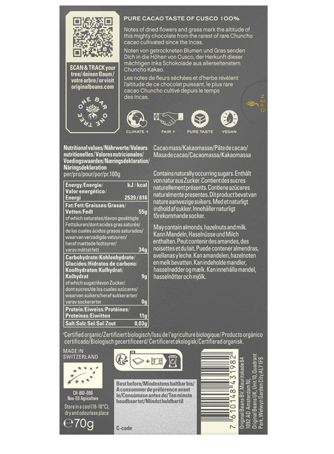 Cioccolato Fondente Bio 100% - Cusco Peru - 70g
