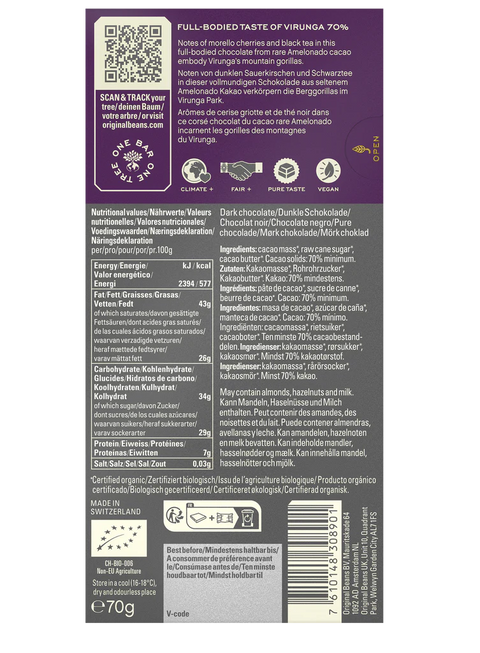 Cioccolato Fondente Bio 70% - Virunga Congo - 70g