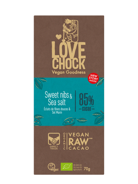 Cioccolato Fondente 85% Raw Biologico - Sweet nibs e sale - 70g